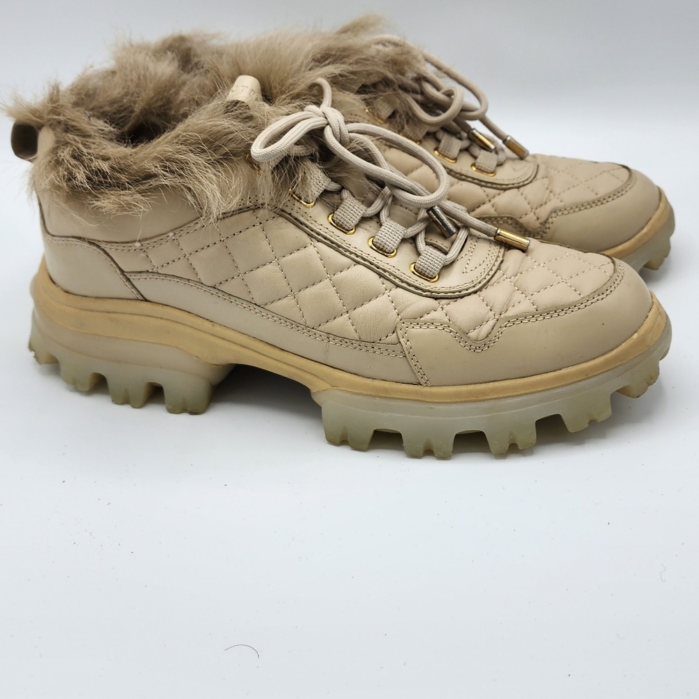 Uterque  Quilted Fur & Leather Beige Low Top Sneakers